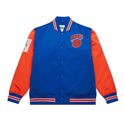 New York Knicks Primetime Full-Snap Varsity Royal Blue and Orange Satin Men's Bomber Jacket