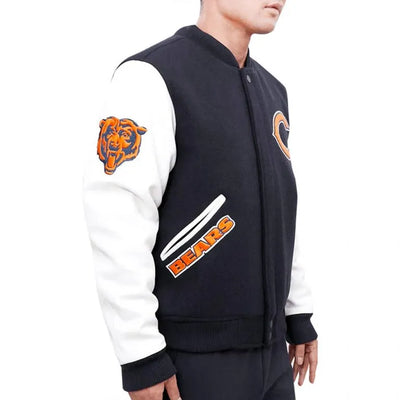 Chicago Bears Black Wool & White Genuine Leather Sleeves Full-Snap Men's Varsity Jacket