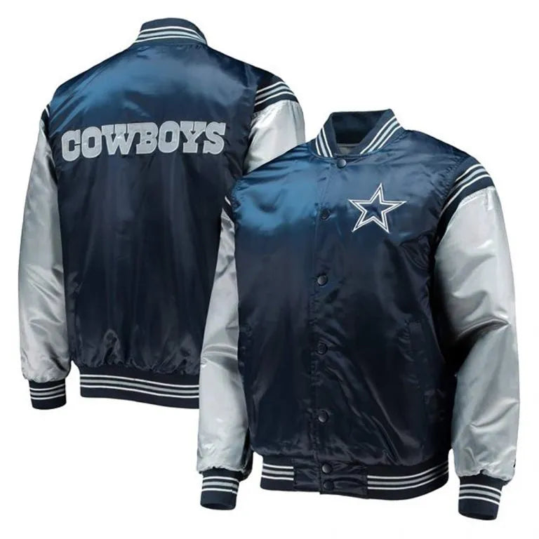 Dallas Cowboys Enforcer Full-Snap Varsity Navy/Silver Satin Men's Bomber Jacket
