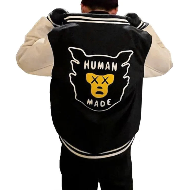 Human Made Kaws Black Wool & White Genuine Leather Sleeves Men's Letterman Varsity Jacket