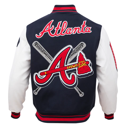 Atlanta Braves Mash Up Navy Blue Wool & White Genuine Leather Sleeves Varsity Full-Zip Men's Jacket