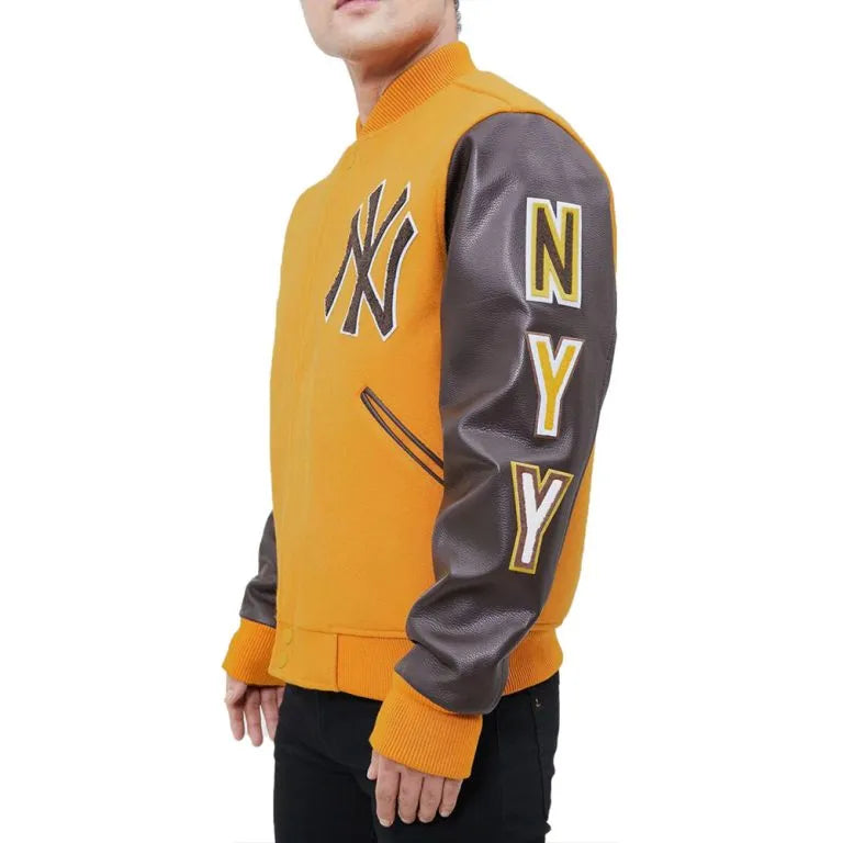 New York Yankees Logo Blended Varsity Gold Wool & Black Leather Men's Jacket