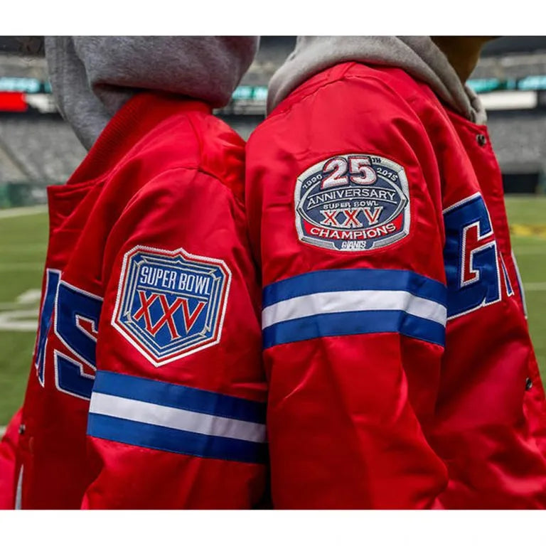 New York Giants 25th Anniversary Full-Snap Varsity Red Satin Men's Bomber Jacket