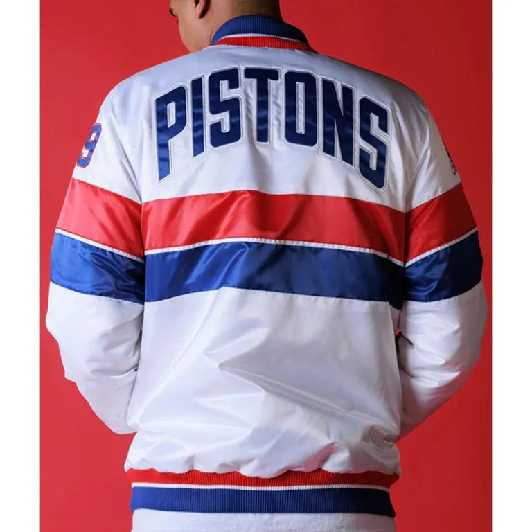 Detroit Pistons 35th Anniversary Full-Snap Varsity White Satin Men's Bomber Jacket
