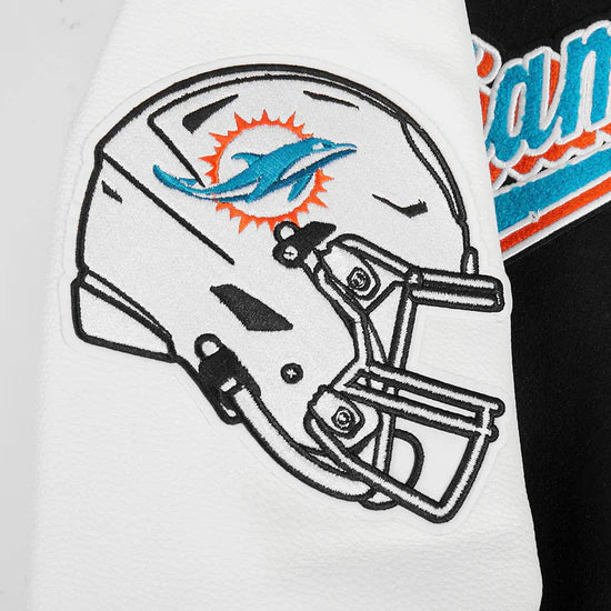 Miami Dolphins Script Tail Black Wool and White Genuine Leather Sleeves Men's Varsity Letterman Jacket