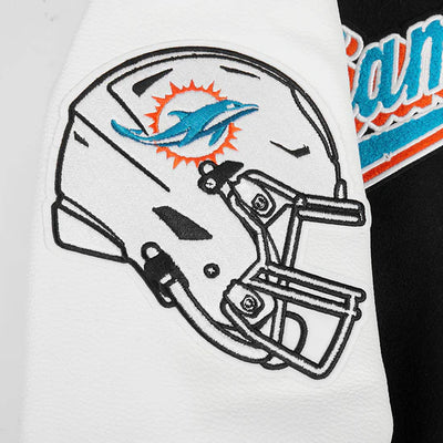Miami Dolphins Script Tail Black Wool and White Genuine Leather Sleeves Men's Varsity Letterman Jacket