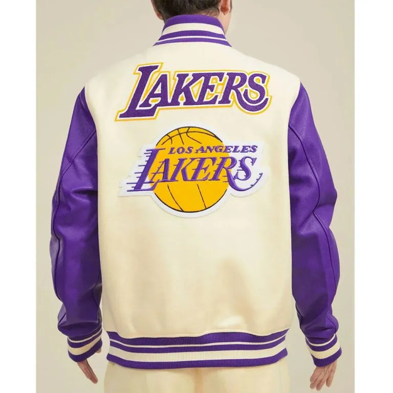 Los Angeles Lakers  Retro Classic Rib Varsity Off White Wool & Purple Genuine Leather Sleeves Men's Letterman Jacket