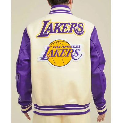 Los Angeles Lakers  Retro Classic Rib Varsity Off White Wool & Purple Genuine Leather Sleeves Men's Letterman Jacket