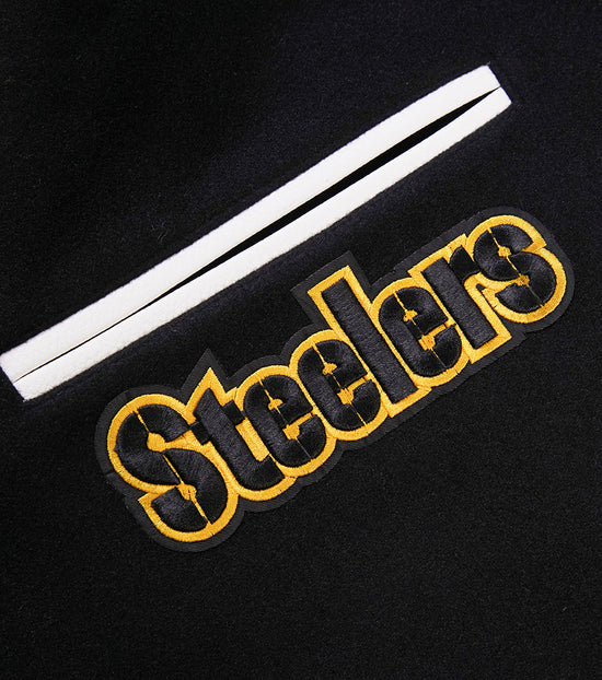 Pittsburgh Steelers Black Wool & White Genuine Leather Sleeves Men's Varsity Letterman Jacket