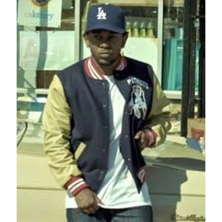 New England Patriots Kendrick Lamar Navy Blue Wool and Beige Genuine Leather Sleeves Men's Varsity Letterman Jacket