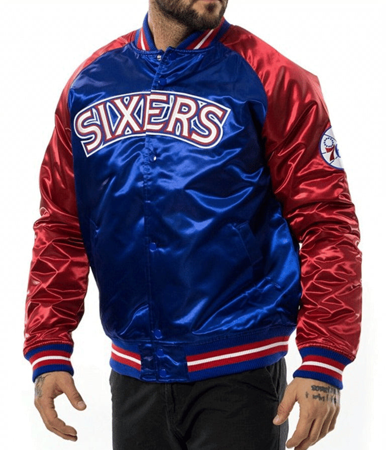 Philadelphia 76ers NBA  Full-Varsity Blue and Red Satin Men's Bomber Jacket