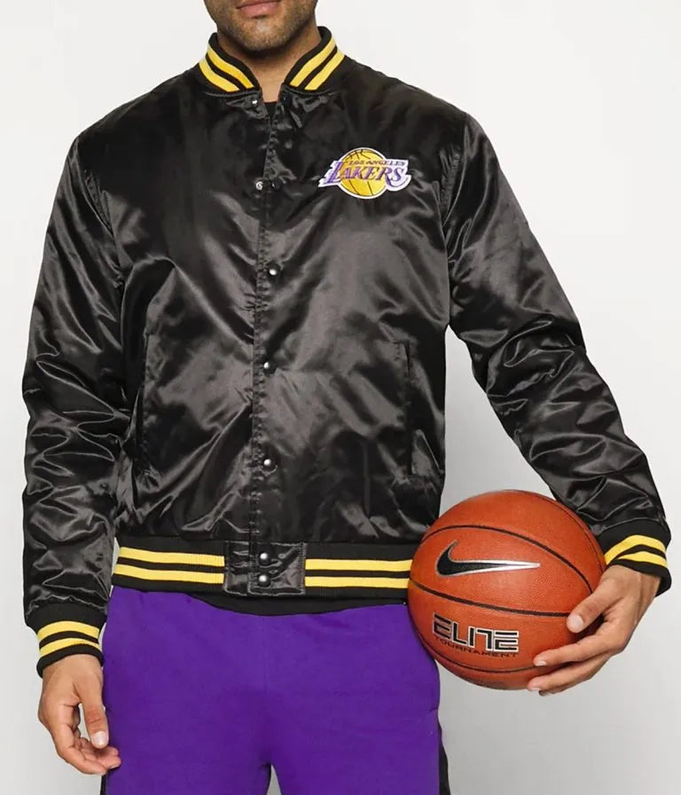Los Angeles Lakers Wordmark Full-Snap Varsity Black Satin Men's Bomber Jacket