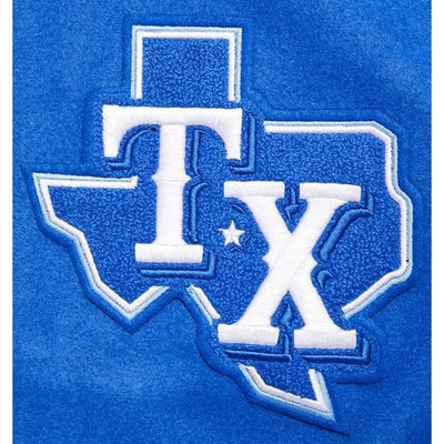 Texas Rangers Script Tail Blue Wool & White Leather Sleeves Varsity Men's Jacket