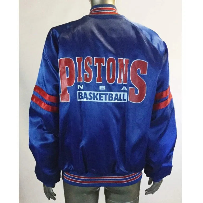 Detroit Pistons Pick and Roll Full-Snap Varsity Blue Satin Men's Bomber Jacket