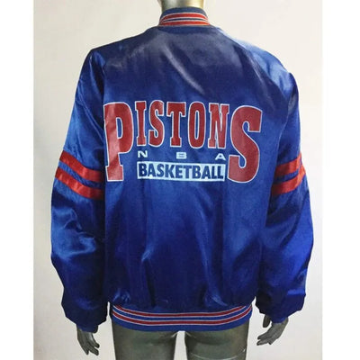 Detroit Pistons Pick and Roll Full-Snap Varsity Blue Satin Men's Bomber Jacket