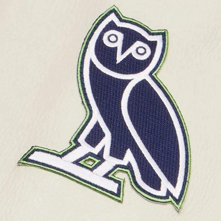 OVO Seattle Seahawks Navy Blue Wool & White Genuine Leather Sleeves Men's Varsity Letterman Jacket