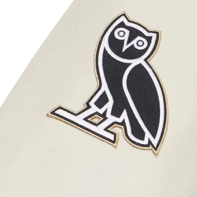 OVO New Orleans Saints Logo Mash Up Black Wool & White Genuine Leather Sleeves Men's Varsity Letterman Jacket
