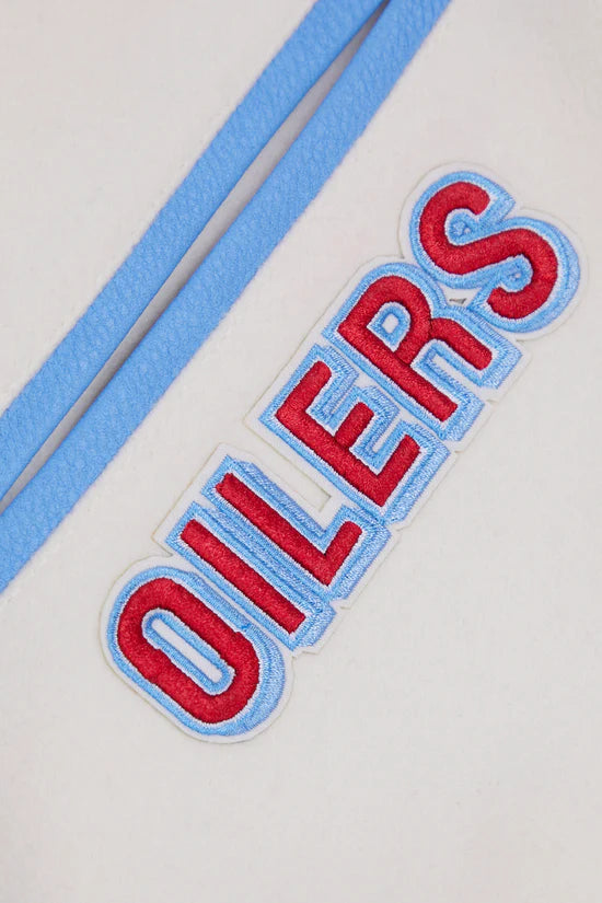 Houston Oilers Retro Classic Off-White Wool and Light Blue Genuine Leather Sleeves Men's Varsity Letterman Jacket