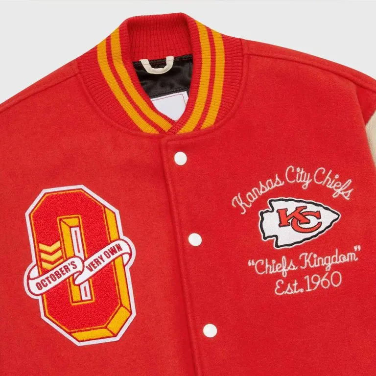 OVO Kansas City Chiefs Red Wool and White Genuine Leather Sleeves Men's Varsity Letterman Jacket