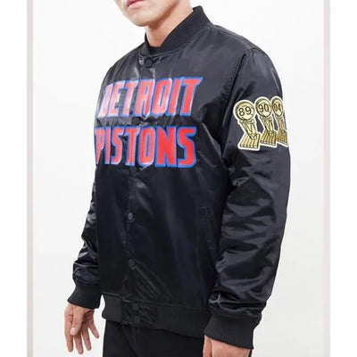 Detroit Pistons Big Logo Full-Snap Varsity Black Satin Men's Bomber Jacket