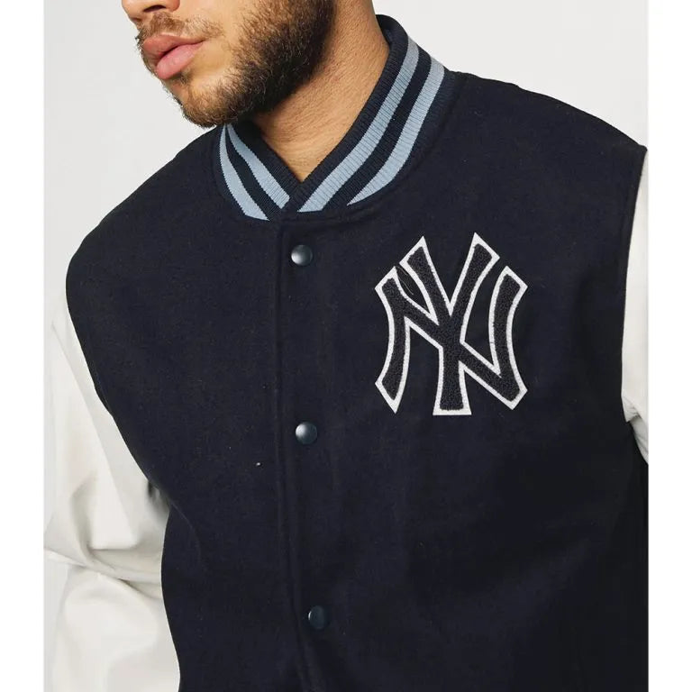 NY Yankees Navy Blue Wool and White Leather Sleeves Men's Jacket