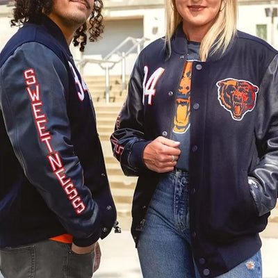 Chicago Bears Walter Payton Navy Blue Wool & Genuine Leather Sleeves Men's Varsity Jacket