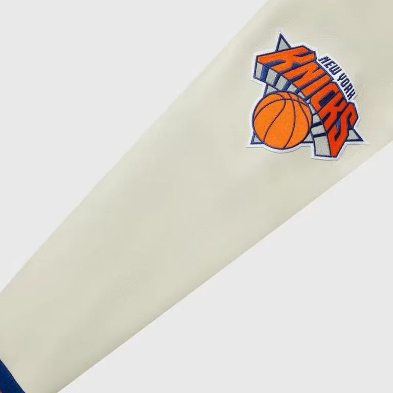 OVO New York Knicks Varsity Blue Wool & White Genuine Leather Sleeves Men's Letterman Jacket