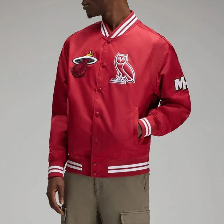 Miami Heat OVO Full-Snap Varsity Red Satin Men's Bomber Jacket