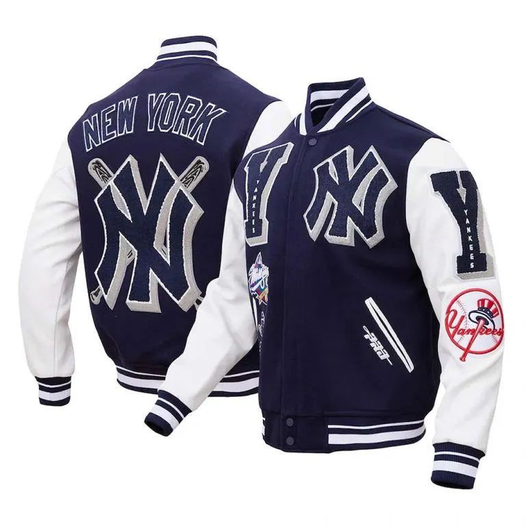 New York Yankees Mash Up Blue Wool & White Leather Sleeves Full-Zip Varsity Men's Jacket