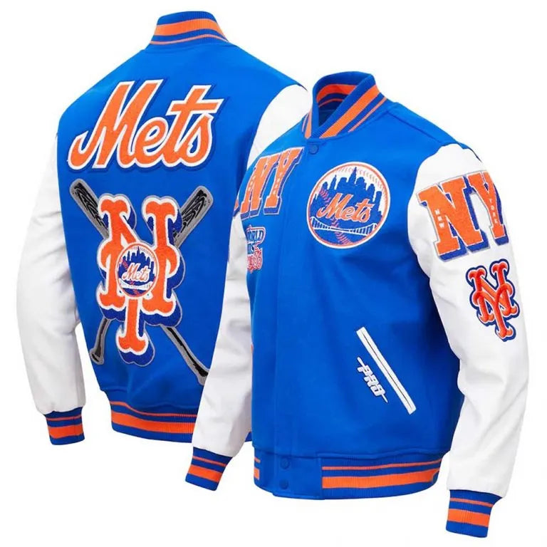 New York Mets Mash Up Full-Zip Varsity Blue/White Wool/Leather Men's Jacket
