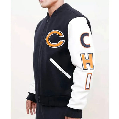 Chicago Bears Black Wool & White Genuine Leather Sleeves Full-Snap Men's Varsity Jacket