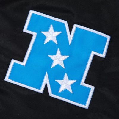 Carolina Panthers Blue Rib Full-Snap Varsity Black Satin Men's Bomber Jacket