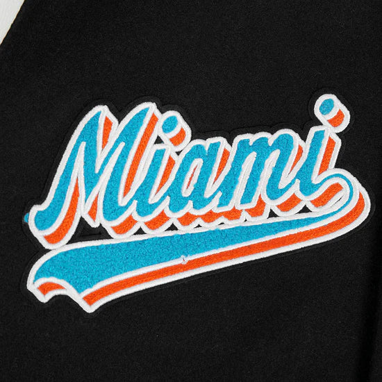 Miami Dolphins Script Tail Black Wool and White Genuine Leather Sleeves Men's Varsity Letterman Jacket