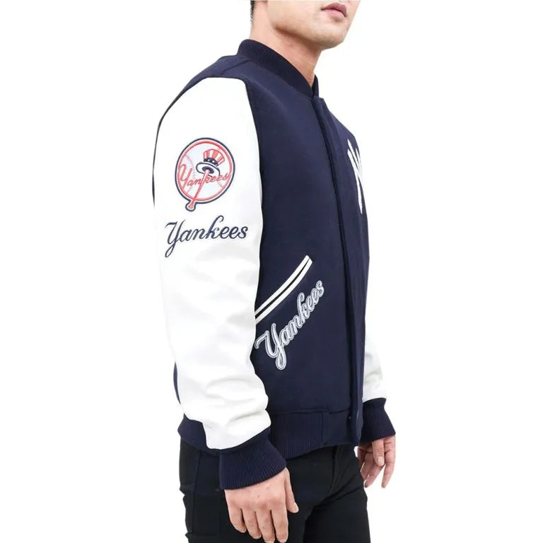 New York Yankees Logo Blended Varsity Navy Blue Wool & White Leather Men's Jacket