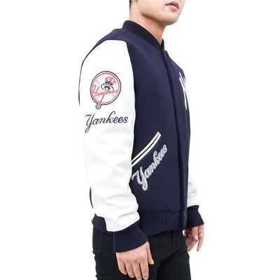 New York Yankees Logo Blended Varsity Navy Blue Wool & White Leather Men's Jacket