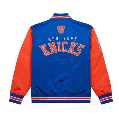 New York Knicks Primetime Full-Snap Varsity Royal Blue and Orange Satin Men's Bomber Jacket