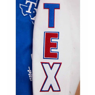 Texas Rangers Script Tail Blue Wool & White Leather Sleeves Varsity Men's Jacket