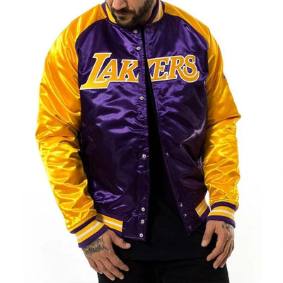 Los Angeles Lakers NBA Tough Season Full-Snap Varsity Purple/Yellow Satin Men's Bomber Jacket