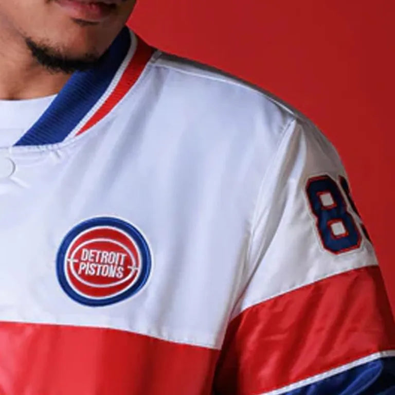 Detroit Pistons 35th Anniversary Full-Snap Varsity White Satin Men's Bomber Jacket