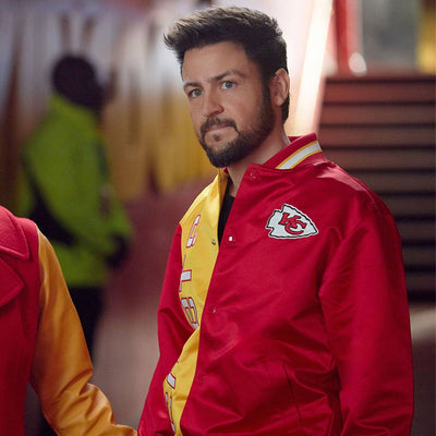 Kansas City Chiefs Holiday Touchdown Full-Snap Varsity Red Satin Men's Bomber Jacket