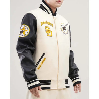 San Diego Padres Off-White Wool & Black Leather Sleeves Varsity Men's Jacket