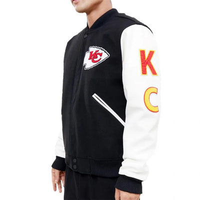 Kansas City Chiefs Black Wool and White Genuine Leather Sleeves Men's Varsity Letterman Jacket