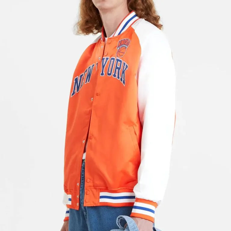 New York Knick Prime Time Full-Snap Varsity Orange and White Satin Men's Bomber Jacket