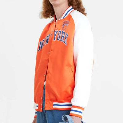New York Knick Prime Time Full-Snap Varsity Orange and White Satin Men's Bomber Jacket