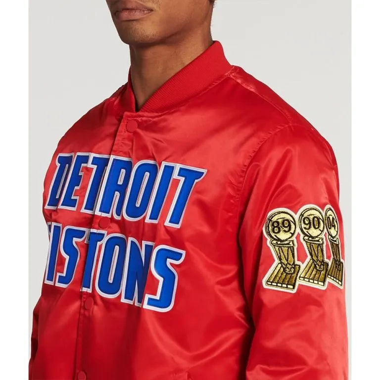 Detroit Pistons Big Logo Full-Snap Varsity Red Satin Men's Bomber Jacket