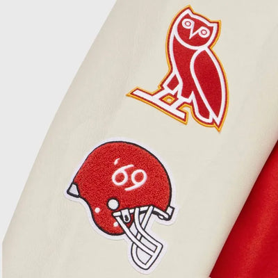 OVO Kansas City Chiefs Red Wool and White Genuine Leather Sleeves Men's Varsity Letterman Jacket