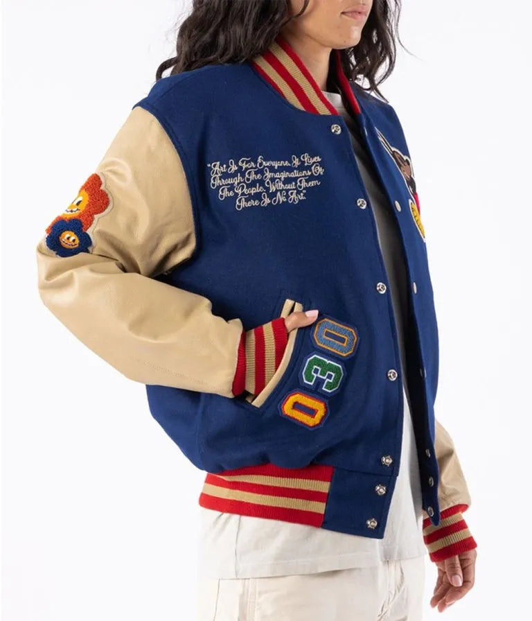 Mickey Mouse Ozzy Rello Blue Wool & Beige Genuine Leather Sleeves Men's Letterman Varsity Jacket