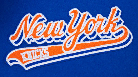 New York Knicks Script Tail Varsity Royal Blue Wool & White Genuine Leather Sleeves Men's Letterman Jacket