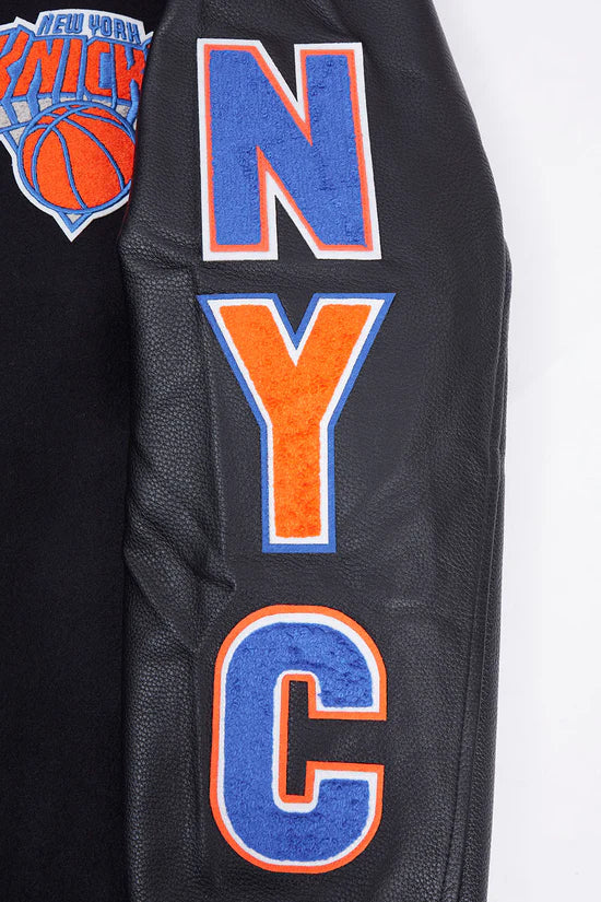 New York Knicks Script Tail Varsity Black Wool & Genuine Leather Sleeves Men's Letterman Jacket