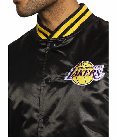 Los Angeles Lakers Wordmark Full-Snap Varsity Black Satin Men's Bomber Jacket